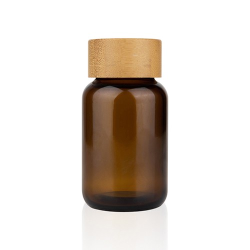 Amber Glass Capsule Pill Bottle with Bamboo Lid