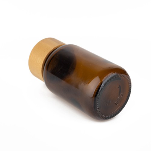 Amber Glass Capsule Pill Bottle with Bamboo Lid