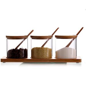 Borosilicate Glass 8 OZ Seasoning Jar Bottle with Bamboo Lid and Spoon for Spice Salt Sugar Pepper Powder 