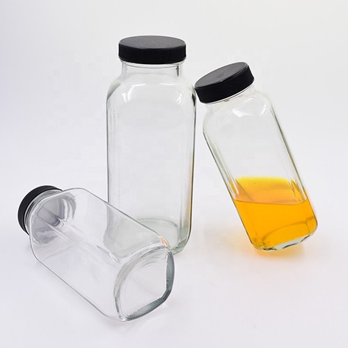 Bulk Sale Transparent French Square Bottom Beverage Empty Glass Bottle Cold Pressed Jucice Milk Tea Jar with Airtight Screw Cap 