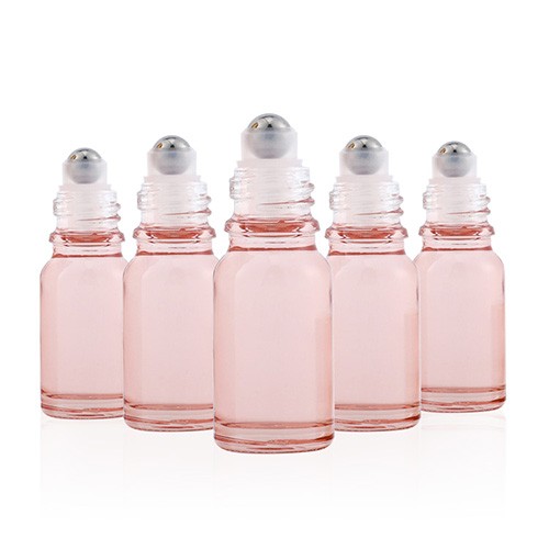 Bulk Sale Stainless Steel Ball Roller On Perfume Essential Oil Light Pink Bottle Jar with Gloden Screw Cap