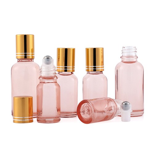 Bulk Sale Stainless Steel Ball Roller On Perfume Essential Oil Light Pink Bottle Jar with Gloden Screw Cap