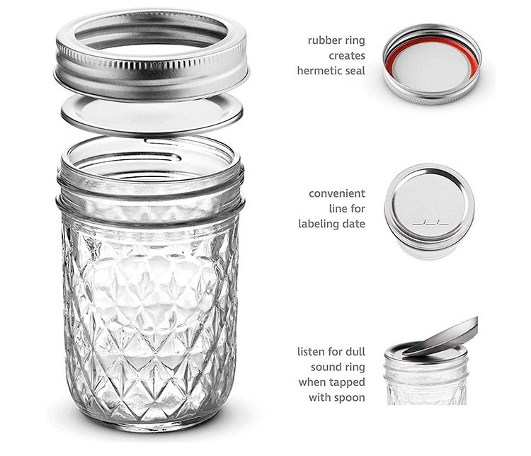 China Supplier Wholesale Wide Mouth Coffee Jelly Dimond Design Leak-proof Mason Jars Canning Bottle With Chalkboard Label Maker Airtight Split Type Lid 