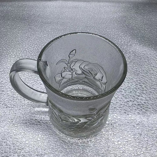 245 ML Clear Cylinder Rough Surface Rose Flower Embossment Water Glass Cup with Handle