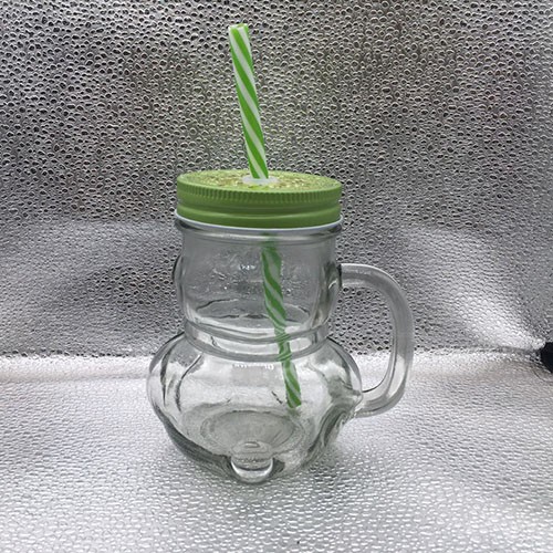 Factory Directly Wholesale 375 ML Bear Shape Mason Cup with Green Color Straw