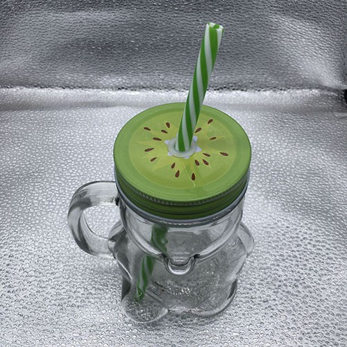 Factory Directly Wholesale 375 ML Bear Shape Mason Cup with Green Color Straw