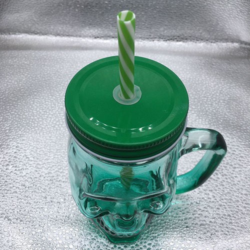 Factory Wholesale 460 ML Green Skull Shape Mason Cup with Green Color Straw
