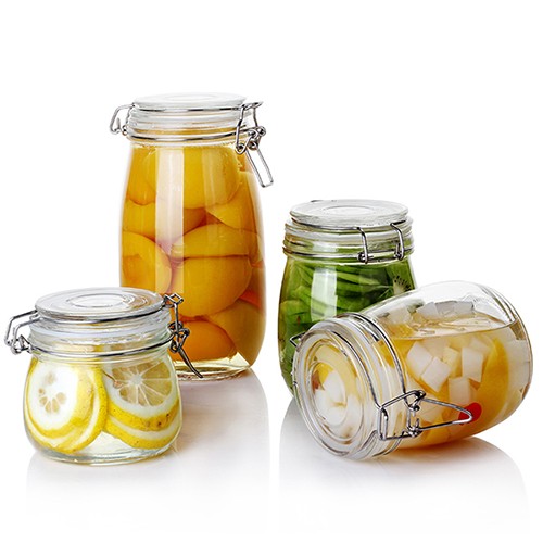 China Supplier Wholesale Food Storage No Lead Round Glasss Jar Canning Bottle with Lock Flip Lid