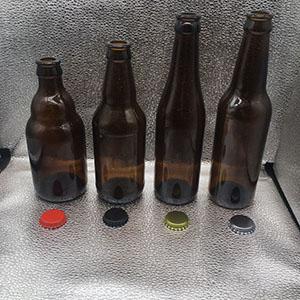 Four Bottle Shape 330 ML Amber Beer Glass Bottle with Colourful Metal Crown Cap