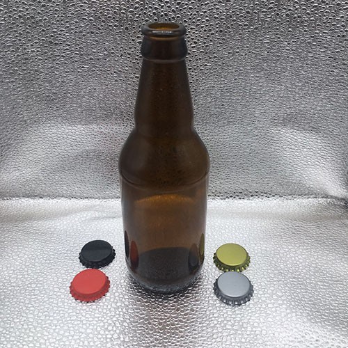 Four Bottle Shape 330 ML Amber Beer Glass Bottle with Colourful Metal Crown Cap