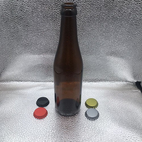 Four Bottle Shape 330 ML Amber Beer Glass Bottle with Colourful Metal Crown Cap