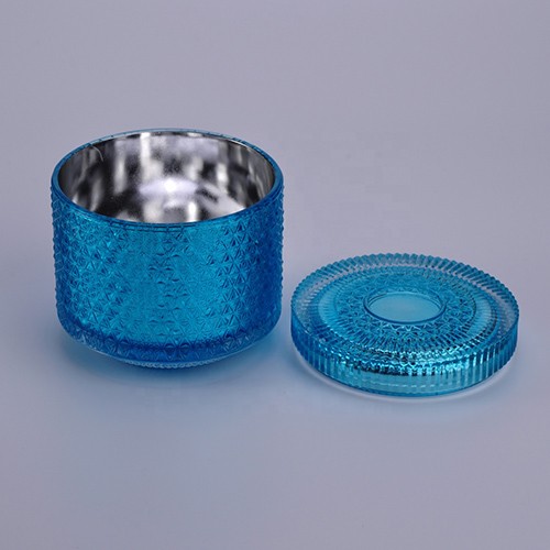 Glass Embossed Candle Jar Empty Luxury Blue Glass Cup with Lid for Making Candle Holder Container from China Wholesale Supplier