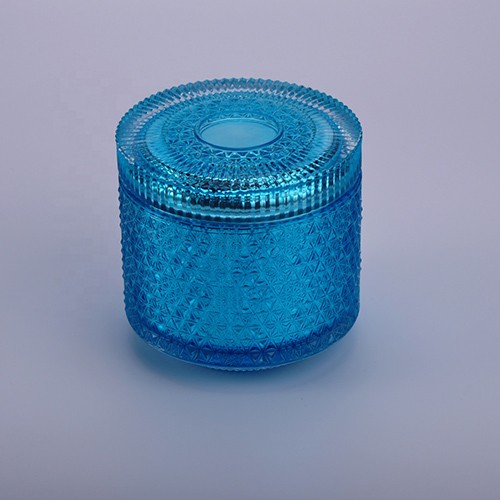 Glass Embossed Candle Jar Empty Luxury Blue Glass Cup with Lid for Making Candle Holder Container from China Wholesale Supplier