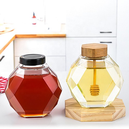 Glass Honey Jar Diamond Shape Honey Glass Bottle with Wood Dipper Lid from China Wholesale Supplier