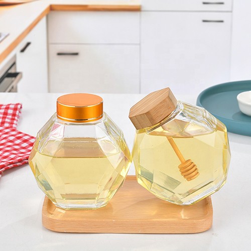 Glass Honey Jar Diamond Shape Honey Glass Bottle with Wood Dipper Lid from China Wholesale Supplier