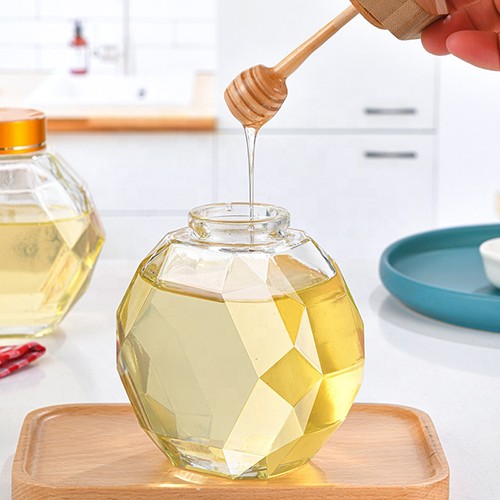 Glass Honey Jar Diamond Shape Honey Glass Bottle with Wood Dipper Lid from China Wholesale Supplier