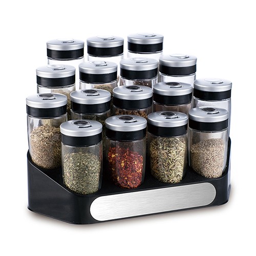 Glass Seasoning Jar 3 OZ Spice Salt Sugar Pepper Powder Container with Pouring Hole on Rotate Rack Set