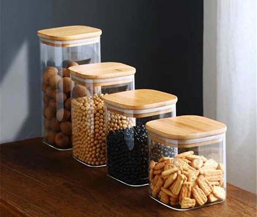 Wholesale High Borosilicate Glass Jar Square Bottom with Bamboo Lid for Food Storage 