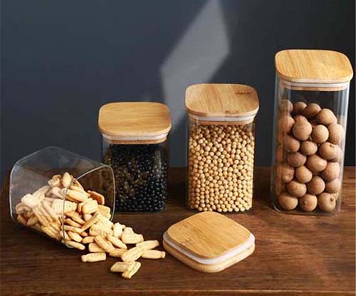 Wholesale High Borosilicate Glass Jar Square Bottom with Bamboo Lid for Food Storage 