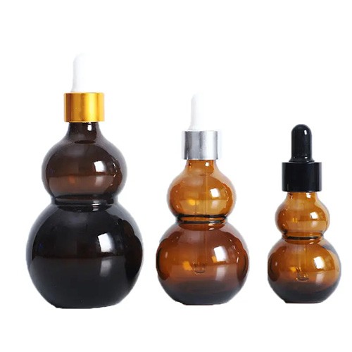 Personalized Glass Dropper Bottle Amber Light-proof Gour-shaped Skin Care Essential Oil Jar with Glass Pipette Wholesale 