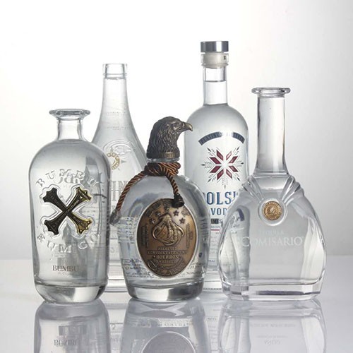Premium Bespoke 750ml Pewter Metal Labels Rum Whisky Vodka Gin Spirits wine Glass Bottle with Cork Stopper Bulk Sale