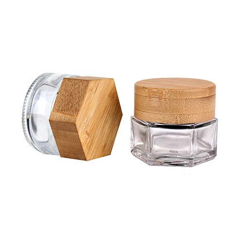 Bulk Sale Skincare Cosmetic Cream Clear Glass Jar Bottle Container with Bamboo Cap Logo Custom
