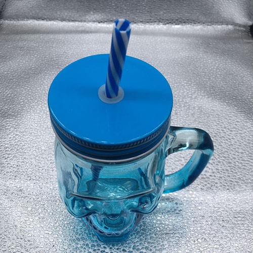 Factory Wholesale 460 ML Blue Skull Shape Mason Cup with Blue Color Straw