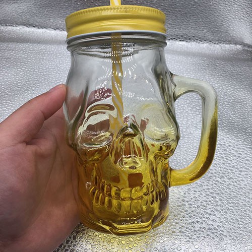 Factory Wholesale 460 ML Yellow Skull Shape Mason Cup with Yellow Color Straw