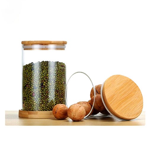 Wholesale Borosilicate Glass Jar Clear Round Food Storage Glass Bottle Cup Tank Container with Airtight Bamboo Wooden Lid