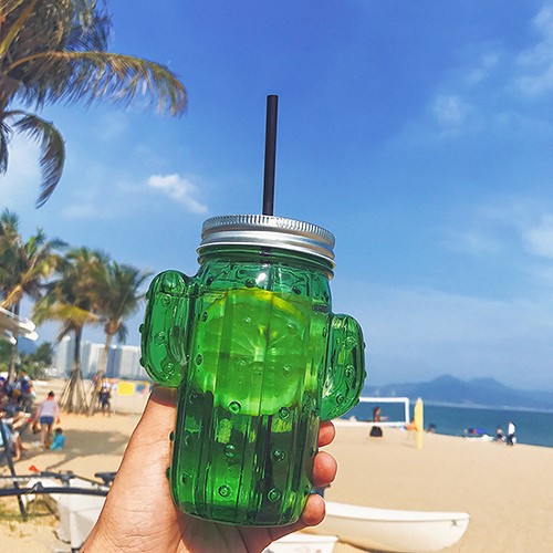 Wholesale 14.5 oz  Cactus Shape Clear Purple Green Glass Mason Jar Cup with Handle Straw and Metal Cap