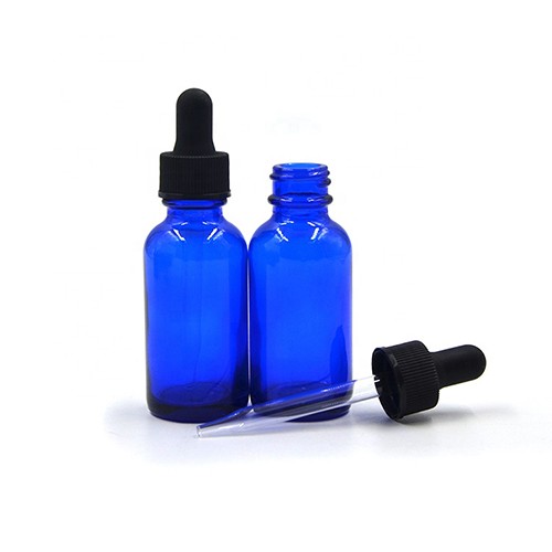 Wholesale Cobalt Blue Essential Oil Boston Round Empty Glass Bottle with Screw Cap and Pump Dropper