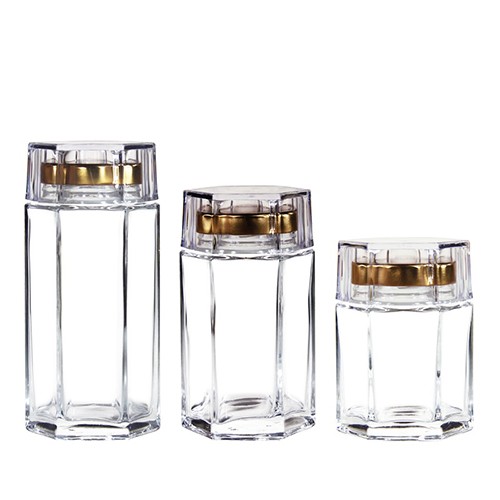 Wholesale Glass Honey Jar Buy Cheap Price Factory Stocked Hexagon Bottle with Metal Screw Cap and Acrylic Lid
