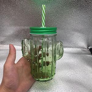 Wholesale 430 ML Gradient Green Cactus Shape Glass Mason Jar with Handle and Straw