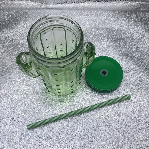 Wholesale 430 ML Gradient Green Cactus Shape Glass Mason Jar with Handle and Straw