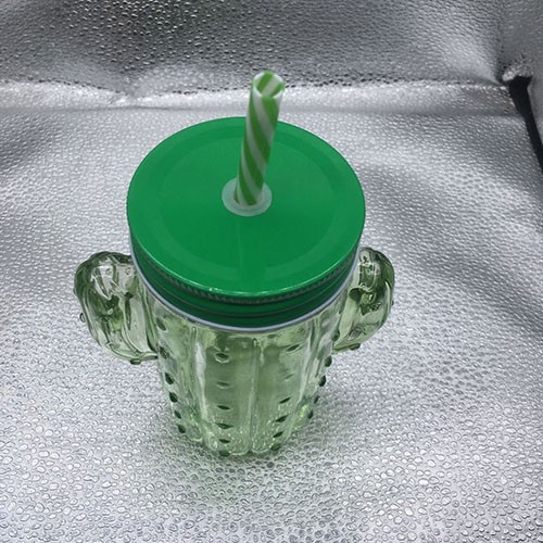 Wholesale 430 ML Gradient Green Cactus Shape Glass Mason Jar with Handle and Straw