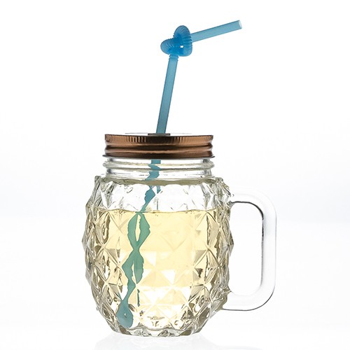 Wholesale Summer 450ml 15oz Pineapple Shaped Empty Juice Water Beer Cup Glass Drinking Mason jar with Handle