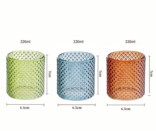  Wholesale 220 ml hot sale luxury empty embossed flower modern hobnail colored cylinder glass candle holder jar